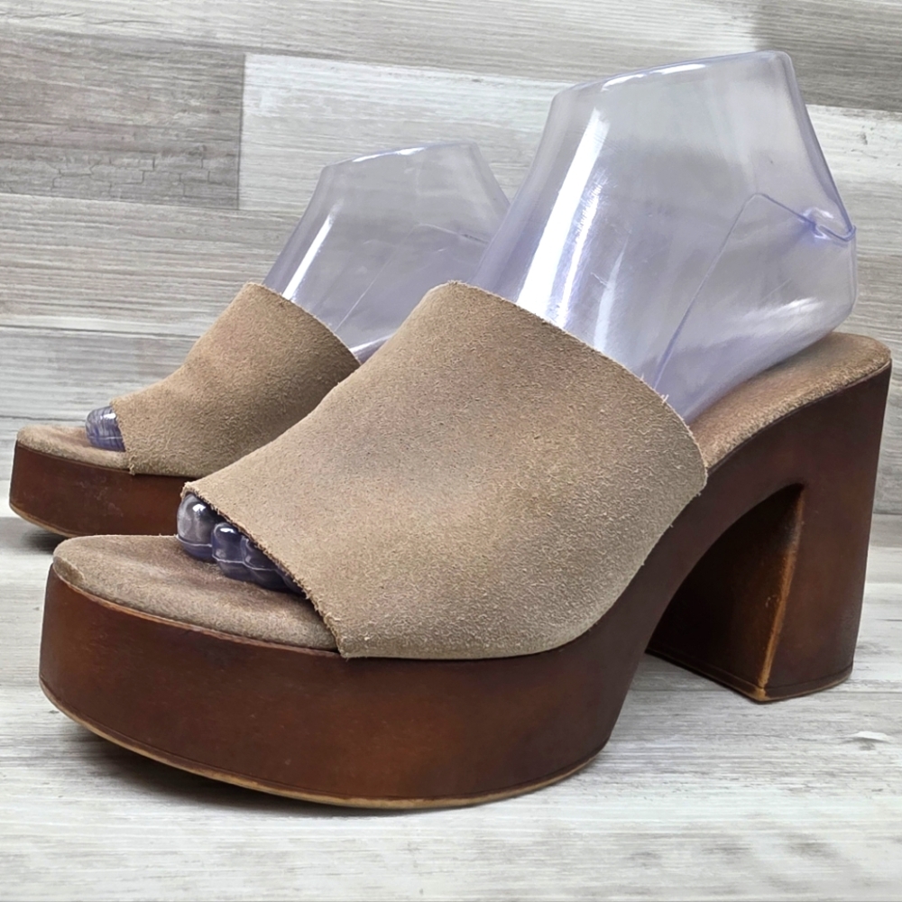 Bio Natura Taupe Suede Platform Mule Sandals Womens Size 39